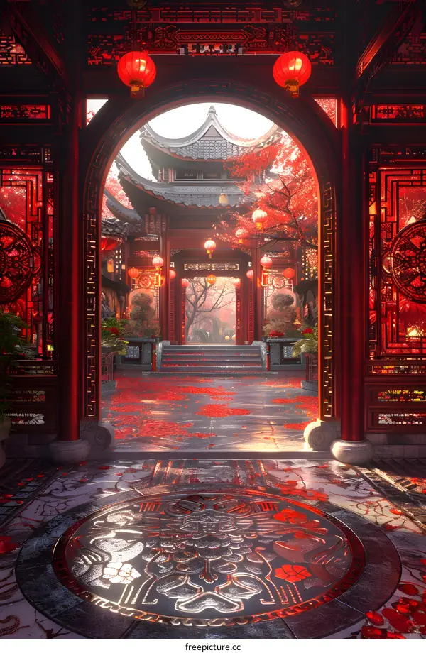 Chinese courtyard with red walls and black tiles