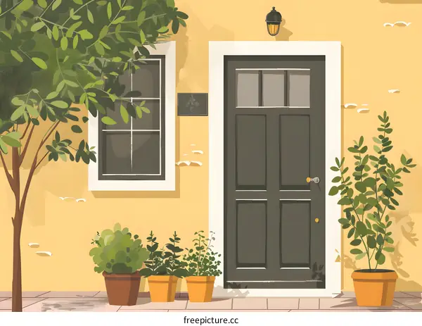 Yellow House with a Green Tree and a Black Door