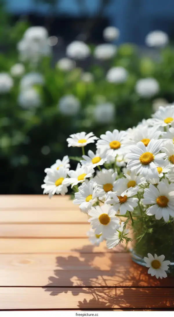 A beautiful bouquet of white daisies on a wooden table