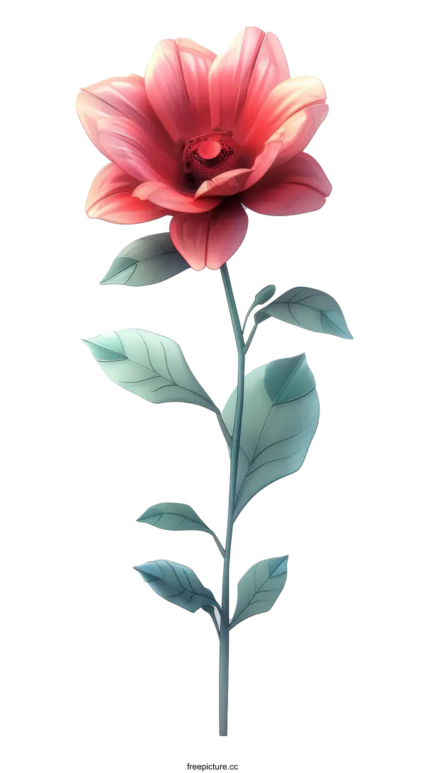 [Transparent Background PNG]Digital Art Illustration of a Single Flower with Green Leaves