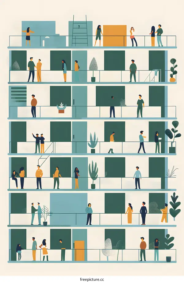 Apartment Building with People on Balconies