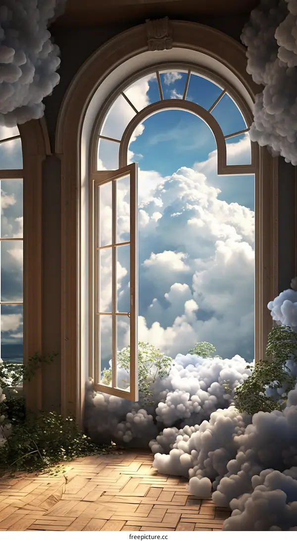 An open door in a room with clouds outside
