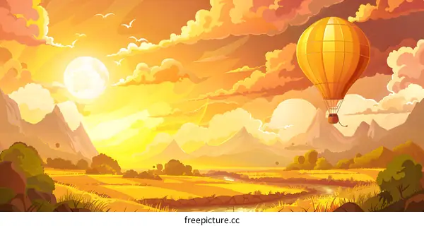 Sunset Hot Air Balloon Illustration With Mountains and Clouds