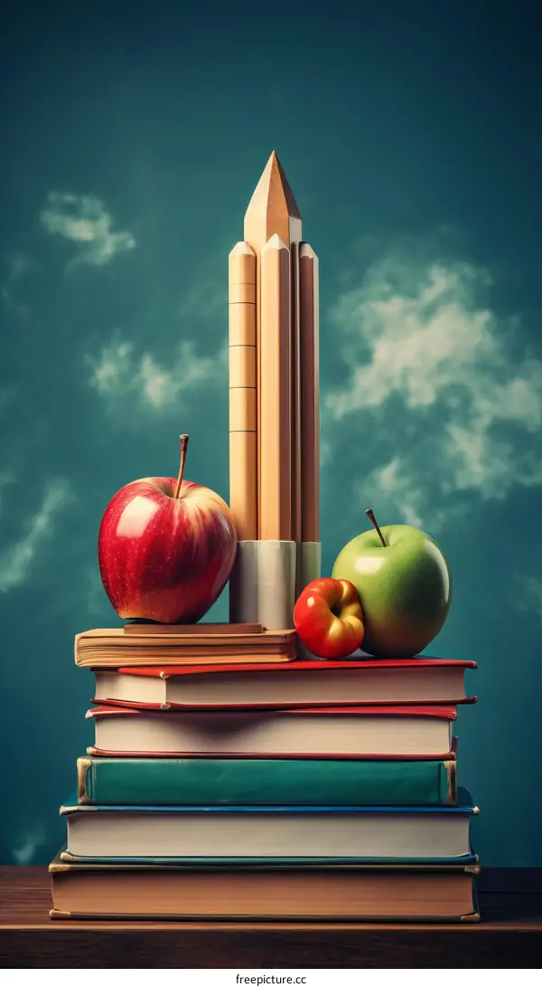 A stack of books with a pencil and apples on top