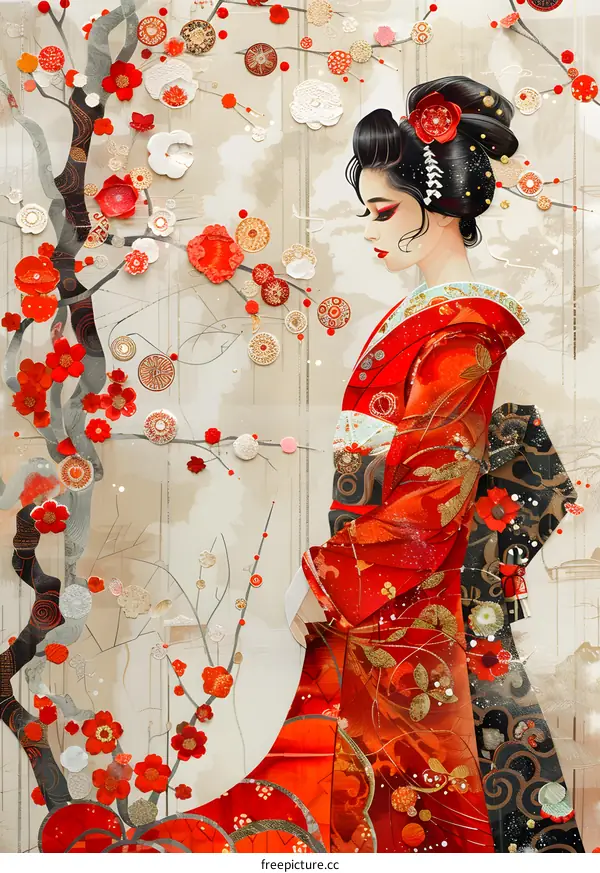Geisha in Red Kimono with Plum Blossoms