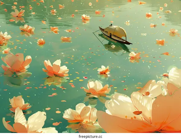 An idyllic boat ride amidst a serene lotus-laden lake