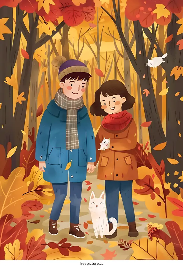 Couple Walking Through Autumn Forest with Cats