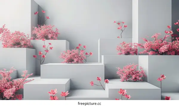 Pink Flowers on White Podium with Soft Pink Background