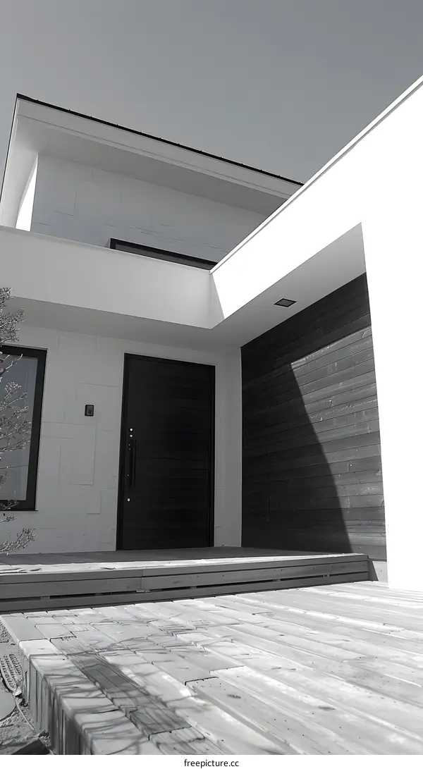 Modern Home Exterior With Black Door and Wooden Deck