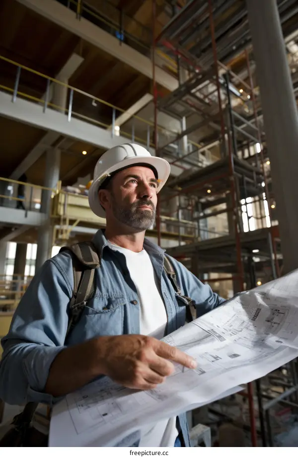 A construction worker looking at blueprints on a construction site