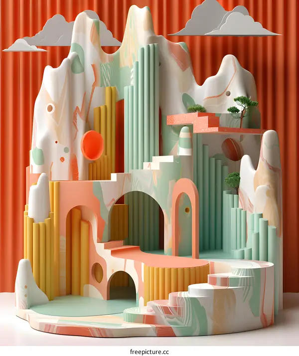 3d rendering of a colorful abstract landscape with geometric shapes and platforms