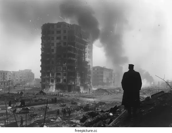 A soldier stands in the ruins of Stalingrad, 1943.