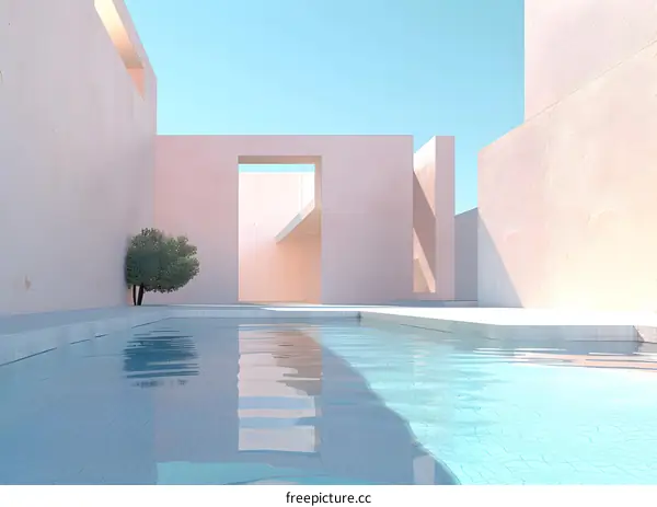 Minimalist Pool Design with a Single Tree and Pastel Walls