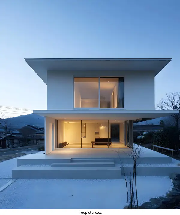 Modern White House with Large Windows and Stone Patio