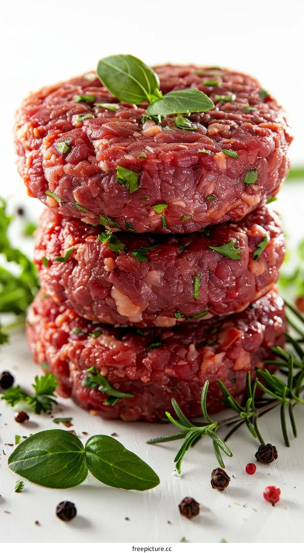 Three raw hamburger patties stacked with fresh herbs