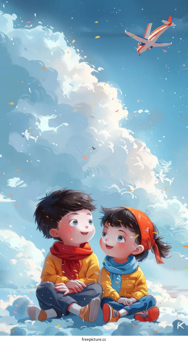 Two Children Looking Up at Airplane in the Sky Illustration