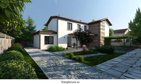 A modern house with a beautiful garden