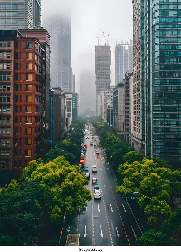 Cityscape with Street and Trees in Foggy Weather