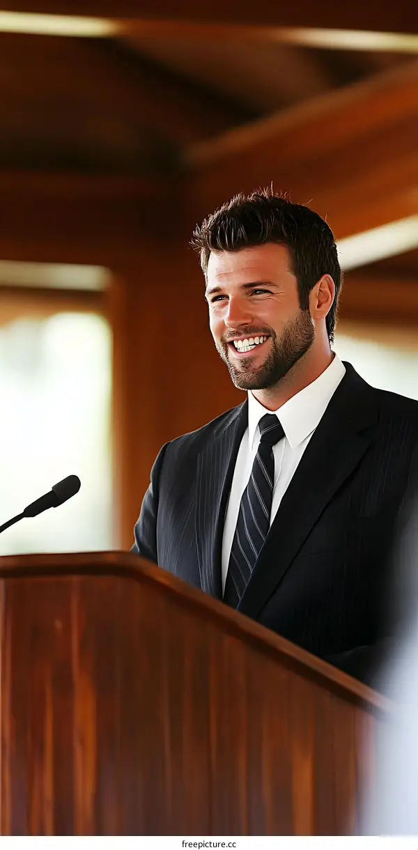 Smiling Man Giving a Speech at a Podium