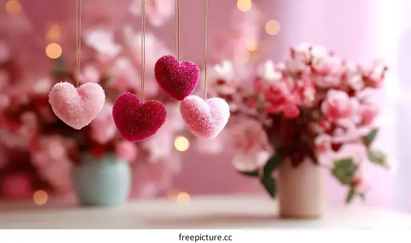 Pink and Red Heart Decorations with Pink Flowers