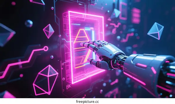 Robotic Hand Interacting with Neon Digital Interface in Tech Scene