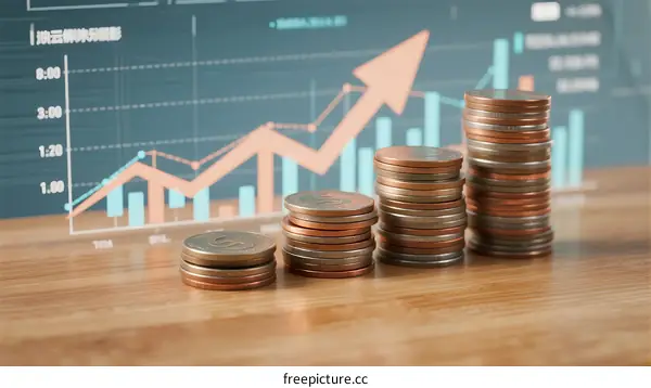 Stacks of coins with rising financial chart in background