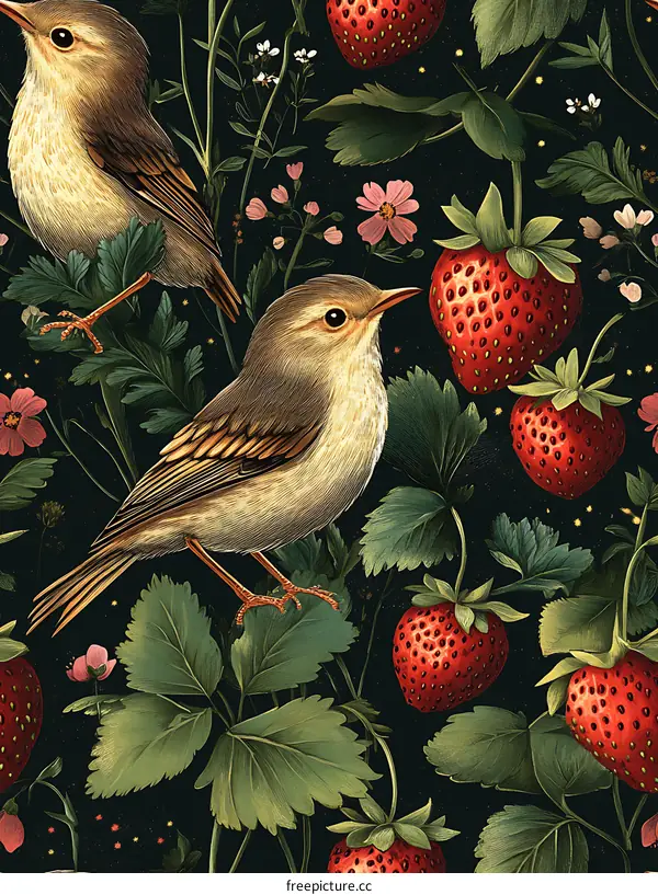 [seamless]Birds and Strawberries Illustration Pattern