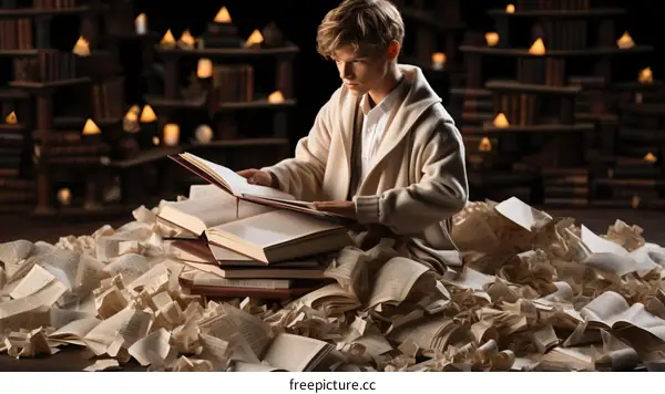 Bookshelves lined with dozens of books