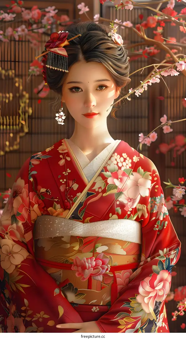 Portrait of a beautiful Japanese woman in a red kimono standing in a garden of cherry blossoms