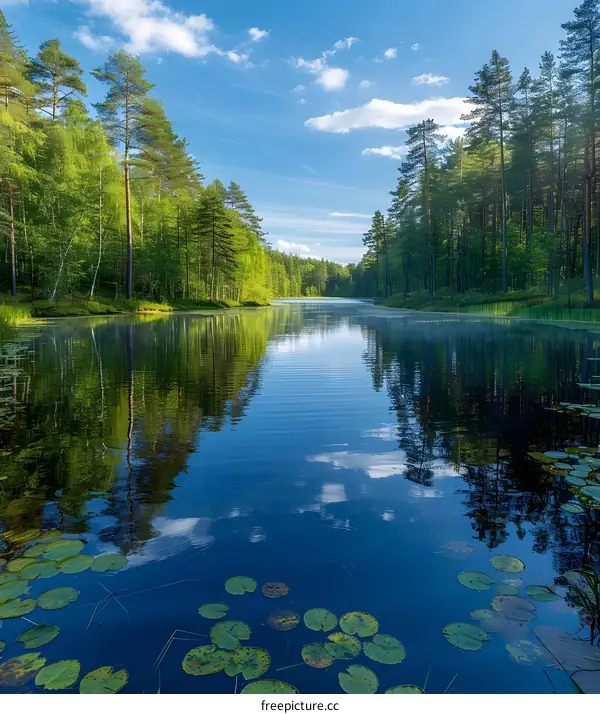Peaceful Lake Reflection with Green Lily Pads