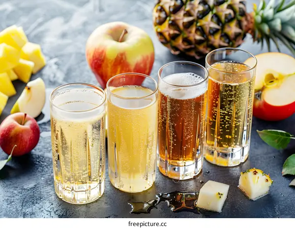 Apple and Pineapple Cider in Glasses on Grey Background