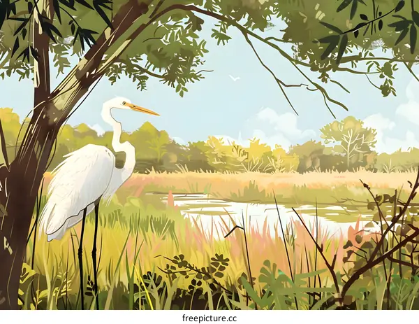 White Egret Standing Under Tree With Pond in Background