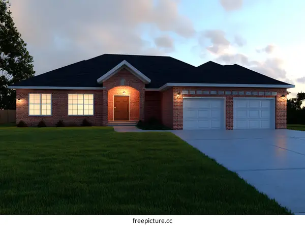 Modern Brick House with Garage and Lawn