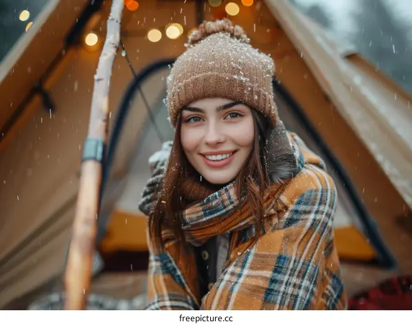A young woman is sitting in a tent and smiling at the camera.