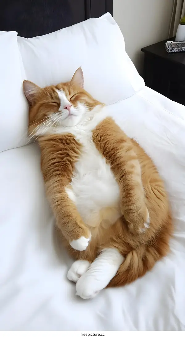 Cute Orange Tabby Cat Sleeping on a White Bed