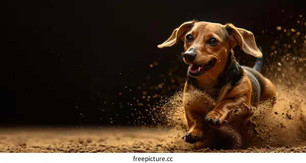 A happy brown dachshund dog running in the sand