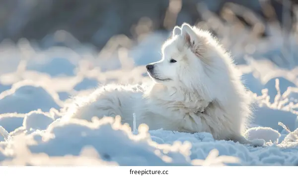 Samoyed dog resting in the snow