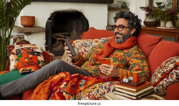 Man Using Smartphone on Cozy Sofa