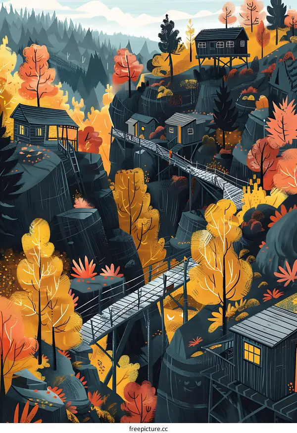 Autumn Landscape with Houses and a Wooden Bridge