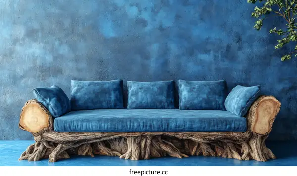 Unique Wooden Log Sofa in a Vibrant Blue Room