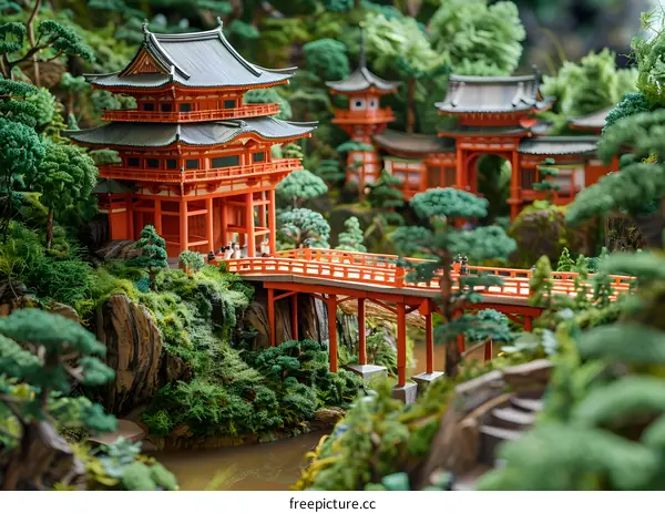 A miniature Japanese garden with a bridge, trees, and a pagoda
