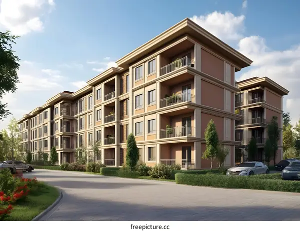 Modern Apartment Building Exterior with Balconies and Greenery