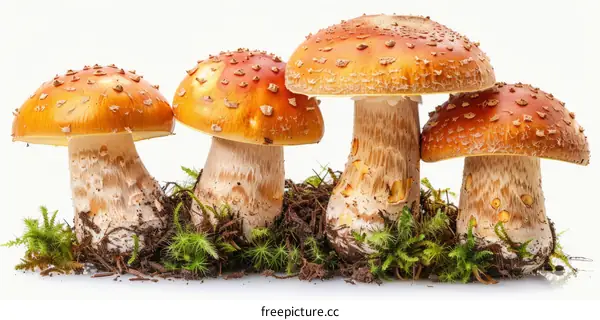 Four orange amanita mushrooms with white spots on their caps