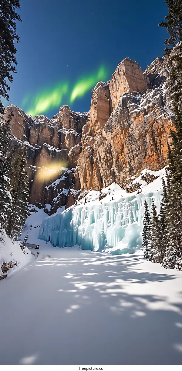 Frozen Waterfall Under The Northern Lights