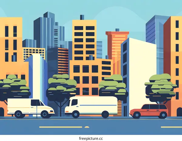 Flat Style Cityscape with Buildings and Cars