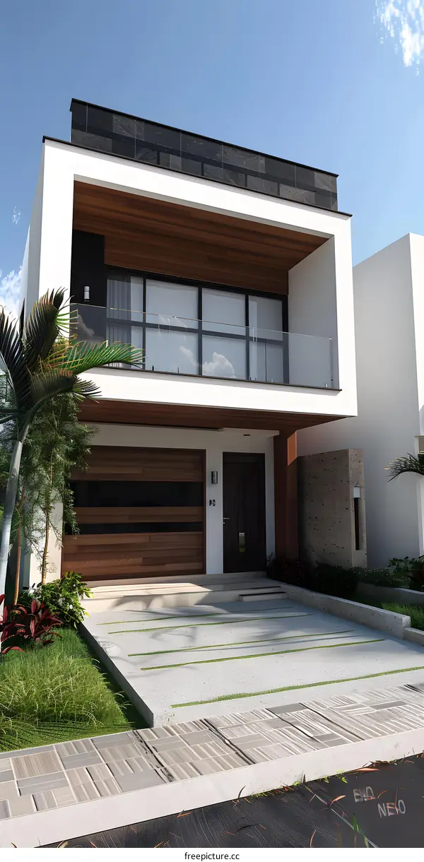 Modern Two Story Home with a Balcony and Palm Trees