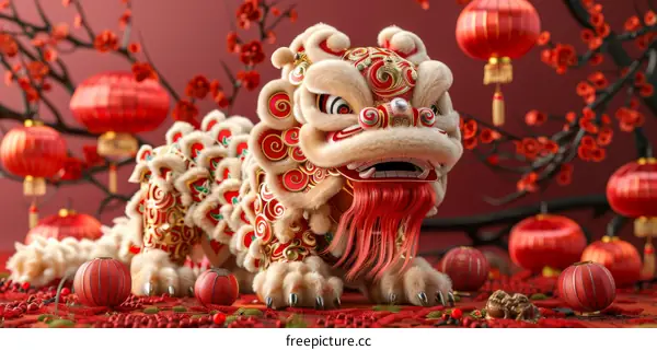 Chinese Lion with Lanterns and Cherry Blossoms