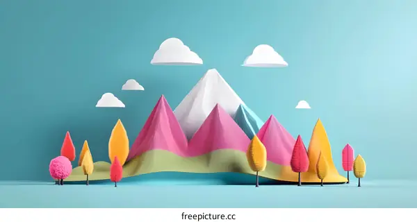 Abstract Paper Landscape with Colorful Mountains and Clouds
