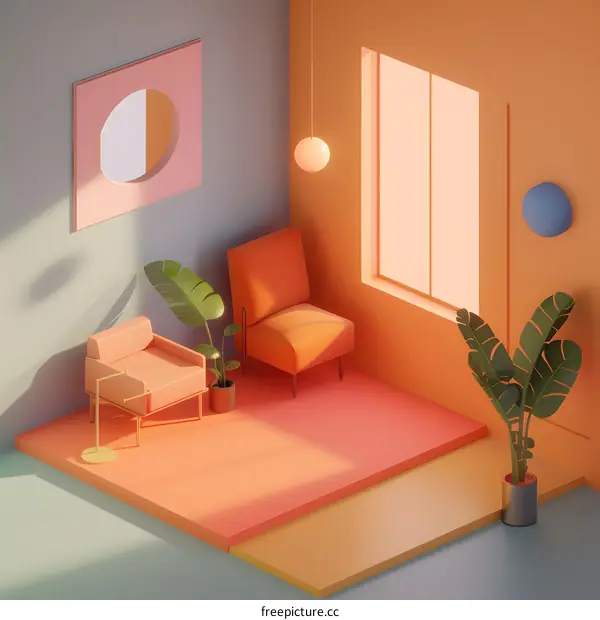 Minimalist 3D Living Room Illustration with Orange Chairs and Green Plants