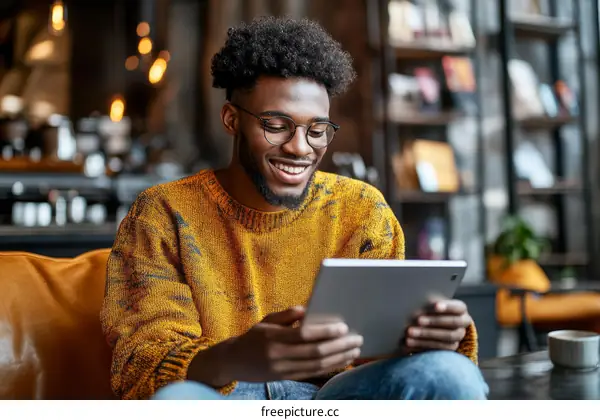 Happy African Man Using Digital Tablet in Cafe